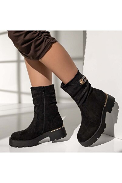 BMoD Ghete negre din piele întoarsă pentru femei cu fermoar MOD12339