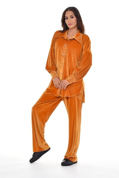 DISENTIS MODEST Women's Velvet Shirt Pants Mustard Set