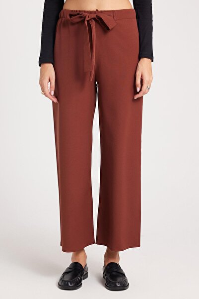 Tudors Women's Relax Fit Comfortable Cut Elastic Waistband Tie-Up Wide Leg Brown Trousers