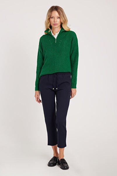 Tudors Kadın Relax Fit Rahat Kesim Yüksel Bel Dar Paça Beli Lastikli Bağcıklı Lacivert Pantolon