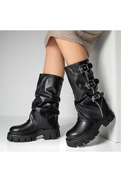 BMoD Ghete negre de damă cu talpă groasă și catarame MOD12807