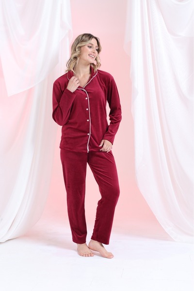 MEBA Set de pijamale de iarnă pentru femei din catifea cu nasturi în față, roșu claret