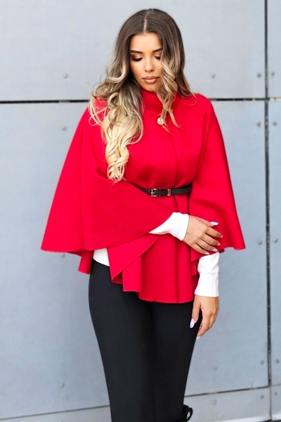 FashionForYou Women's cape coat Amalia, with tunic collar and belt, Red