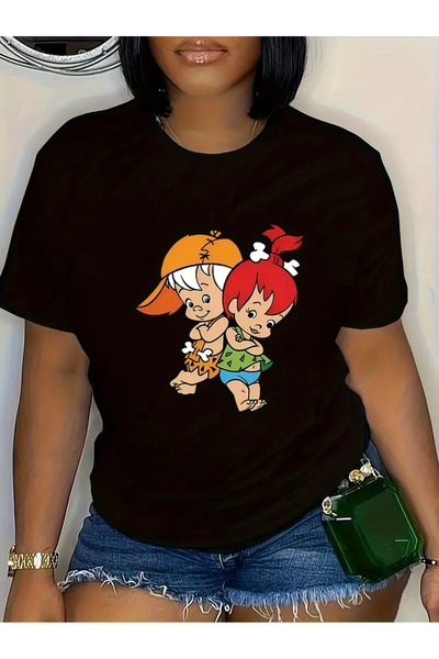 İSMTEXS Tricou cu imprimeu tematic cu personaje din epoca de piatră, cu gâtul...