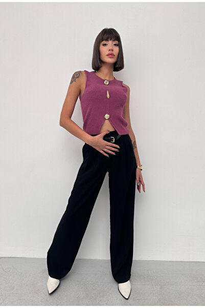 Rabi Shine Women's Gold Buttoned Bearded Sweater