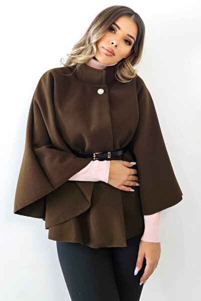 FashionForYou Amalia poncho cardigan with button and waist belt, brown
