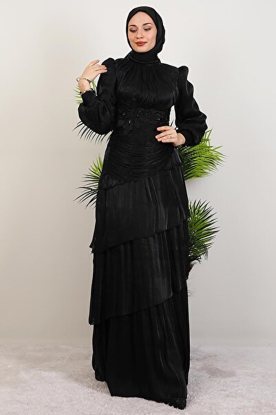 GİYZAMİLA Menekşe Kat Kat Abiye Siyah