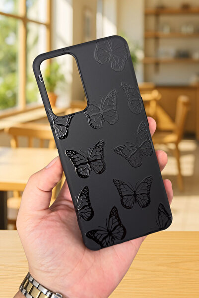 Vip Case OPPO A16 Uyumlu Siyah Kelebek Desenli Silikon Darbe Emici Klasik Korumalı Rubber Kılıf