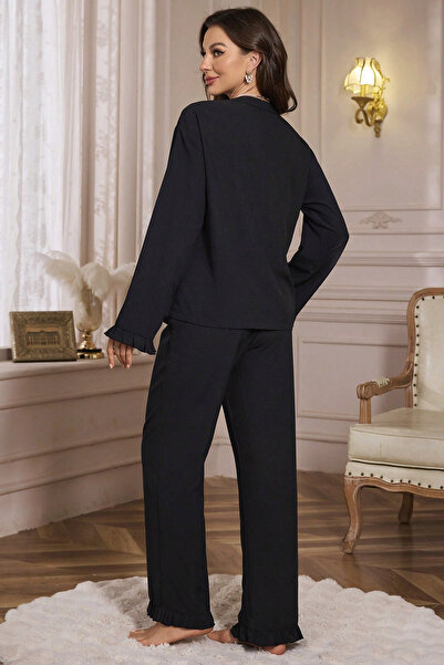 Imoda Women's Black Front Tie-Up Long Sleeve Pajama Set with Ruffle Detail on Sleeves and Legs