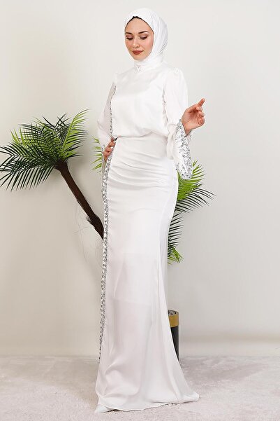 GİYZAMİLA Mihrimah Saten Abiye Beyaz