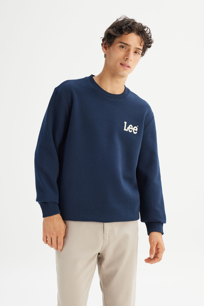Lee Regular Fit Normal Cut Crew Neck Navy Blue Minimal Logo Sweatshirt with Fleece Inside