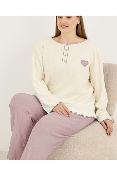 Siyah İnci Dried Rose Heart Embroidery Large Size Knitted Interlock Pajama Set25228002