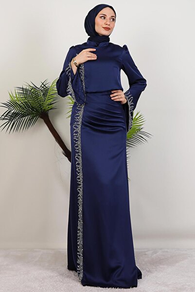GİYZAMİLA Mihrimah Saten Abiye Lacivert