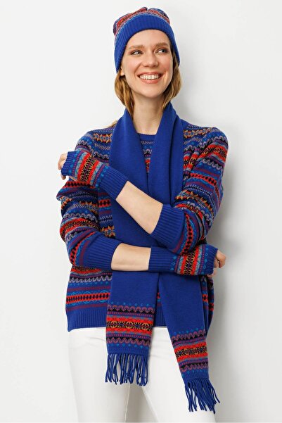 Desen Triko Women's Wool Kaşkol with Jacquard Tassels on the Edges K.S.Blue