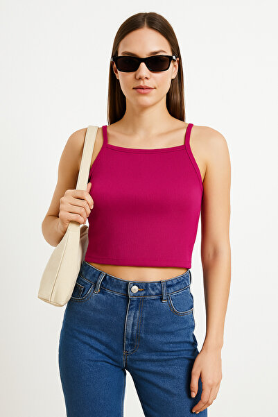 WINNERAIN Kadın Fuşya İp Askılı Ribanalı Crop Bluz