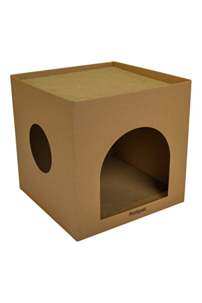 Rotipet Karton Kedi Evi ve Tırmalama Kutusu 32x32x32 cm –Çift Fonksiyonlu Kedi Evi ve Tırmalaması