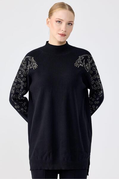 Tığ Triko Leopard Stone Embroidered Tunic Pants Set Black