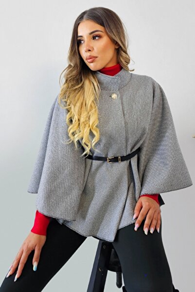 FashionForYou Elegant cape-type cape, Amalia, with button and strap, Grey