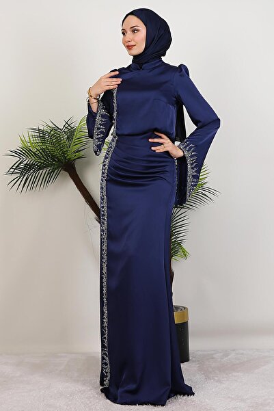 GİYZAMİLA Mihrimah Saten Abiye Lacivert
