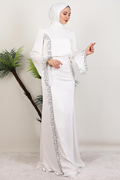 GİYZAMİLA Mihrimah Saten Abiye Beyaz