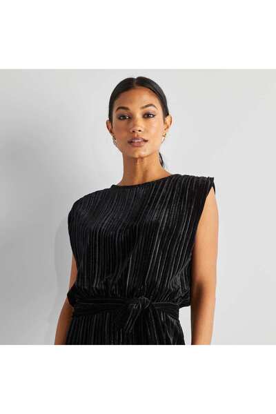 KIABI Sleeveless pleated velour jumpsuit BLACK