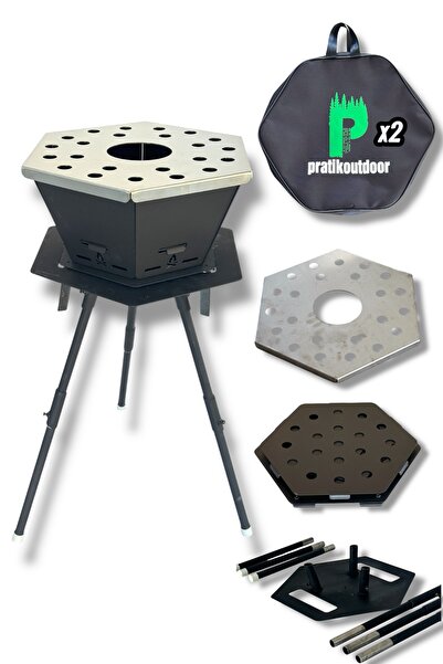 pratikoutdoor Altıgen Şömine & Katlanır Ateş Çukuru ve Mangal Seti (Ateş Çuku...