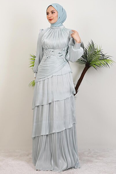 GİYZAMİLA Menekşe Kat Kat Abiye Açık Mint