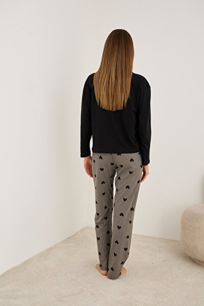 Siyah İnci сіро-чорний з серцевим візерунком Бавовняний трикотажний піжамний комплект7948