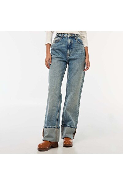 KIABI Regular High-Waisted Jeans with Wide Turn-Up Hems BLUE