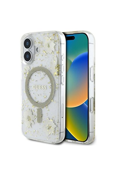 Guess Θήκη για iPhone 16, Σκληρή θήκη από ρητίνη, λουλούδια και γκλίτερ MagSa...