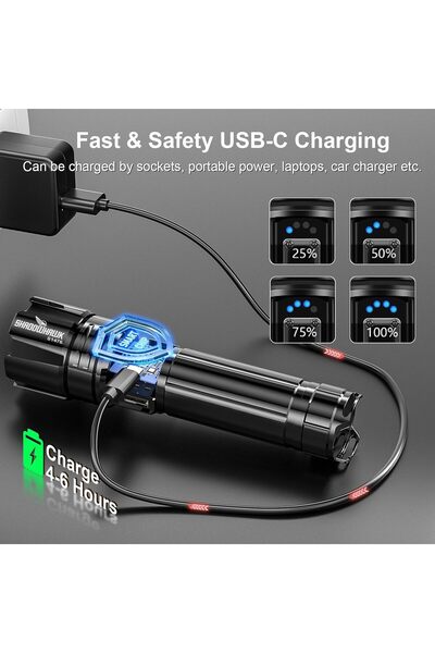 SHADOWHAWK 20000 Lumens LED Flashlight USB Rechargeable Super Bright Tactical Torch Waterproof Zoomable