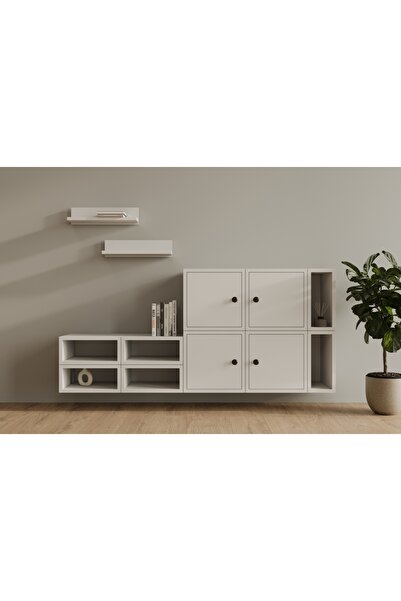 Nettrends Lino Minimalist Beyaz Duvara Monte Çok Amaçlı Kitaplık ve Konsol Dolap