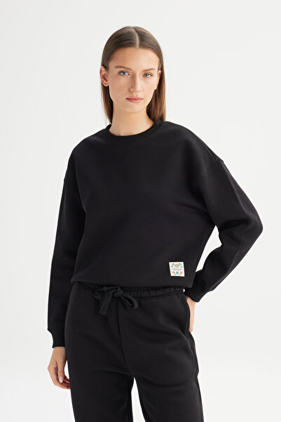 WRANGLER Relaxed Fit Geniş Kesim Bisiklet Yaka İçi Polarlı Siyah Sweatshirt