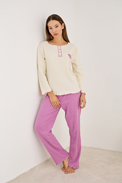 Siyah İnci pembe kalp nakışlı Örme İnterlok Pijama Takım25226009