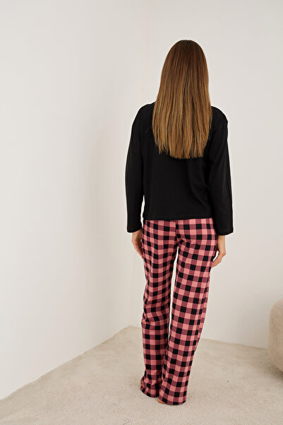 Siyah İnci pembe siyah ekose desenli Pamuklu Örme Pijama Takım7948
