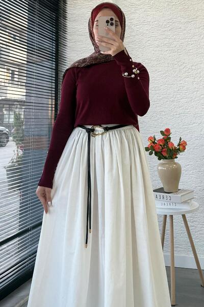 MELEK ARAZ Beli Lastikli Gabardin Kloş Etek – Beyaz