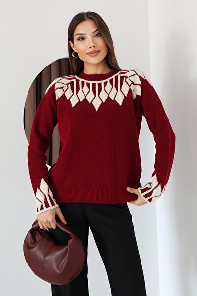 ALCHON Gât rotund, cu mânecă lungă, cu model argintiu, cu textura moale, din lână, simplu, elegant, tricotaj, pulover