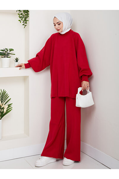 FERHEL Women's Balloon Sleeve Steel Mesh Tunic and Pants Two-Piece Set