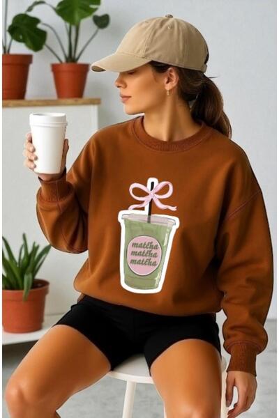 ArtYus سويت شيرت للجنسين بأكمام طويلة وطباعة أمامية لمشروب الماتشا وياقة على ...