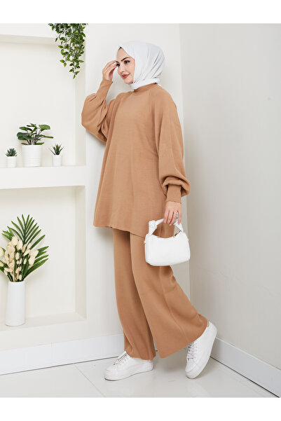 FERHEL Women's Balloon Sleeve Steel Mesh Tunic and Pants Two-Piece Set