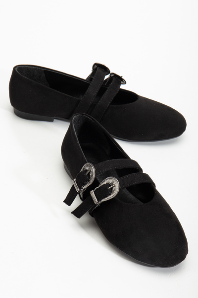 Atelier Lakonia حذاء باليرينا نسائي من جلد الغزال الأسود ذو شكل دائري