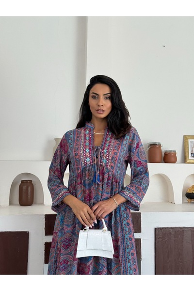 Fashionbox hint ipek etnik desen nakış işleme elbise 25444