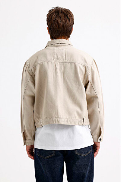 Denim Republic Men's Beige Cropped Denim Jacket with Buttons