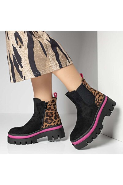 Modlet.ro Women's black and pink print suede boots MOD12262