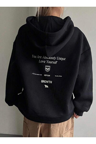 NO 601 Γυναικείο μαύρο φούτερ με κουκούλα με στάμπα στην πλάτη