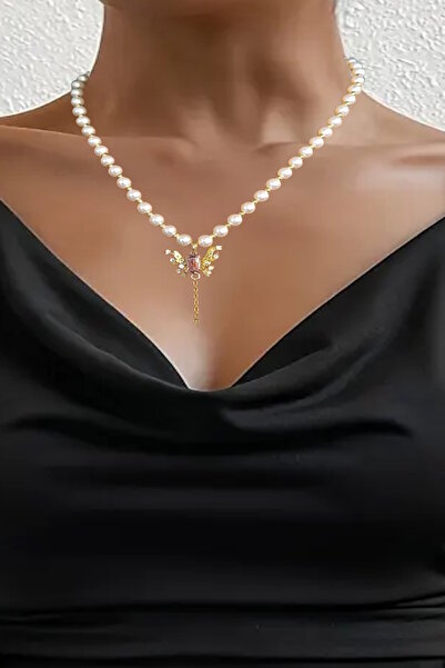 CAŞ DEKORASYON Gold Color Butterfly Pearl Steel Necklace