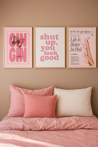 kids town Dekoratif Pembe Poster Seti 3’lü – Ahşap Çerçeveli MDF Üzeri UV Baskı (35x50 cm)