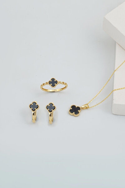 Bilezikci Siyah Taşlı Yonca 14 Ayar Altın Takı Seti