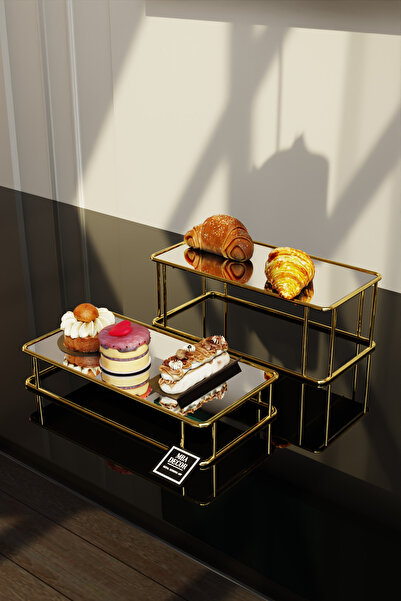 mba decor metal bending art Prisma Model Gold Aynalı Sunum Tepsisi – İkili Set | Dekoratif & Şık Sunum 30x15cm