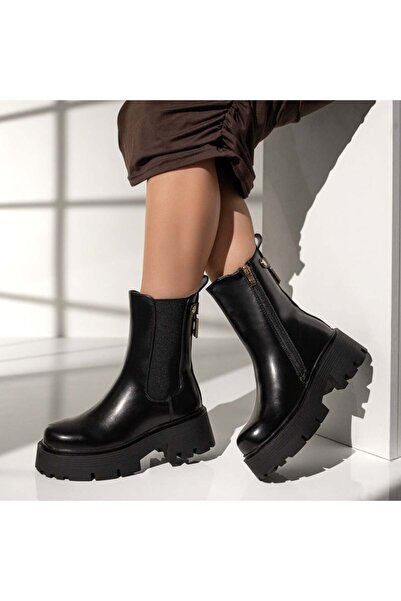 Modlet.ro Women's black thick-sole boots with elastic inserts MOD12378